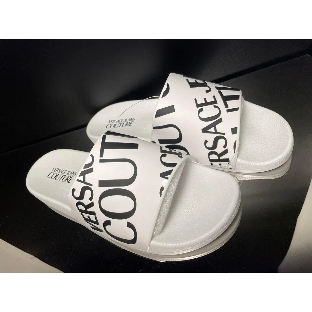 Versace Jeans Couture Mens White Black Logo Slide Sandals Summer Shoes New